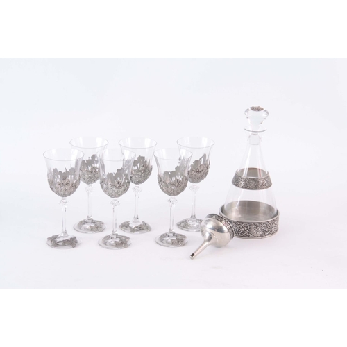 15 - A SET OF SIX MODERN CRYSTAL WINE GLASSES mounted with Art Noveau style floral decorated pewter mount... 