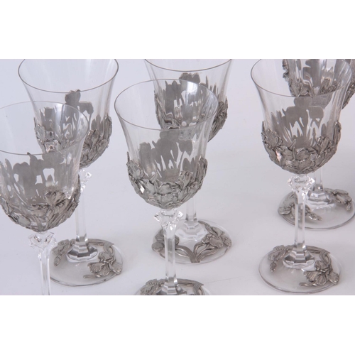 15 - A SET OF SIX MODERN CRYSTAL WINE GLASSES mounted with Art Noveau style floral decorated pewter mount... 