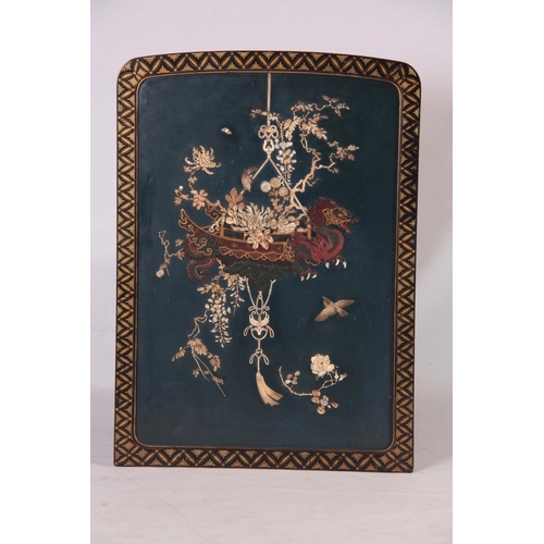 155 - A 19TH CENTURY JAPANESE SHIBAYAMA DOUBLE SIDED LACQUERED SCREEN with mother of pearl and stone flora... 