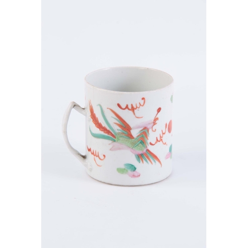 156 - A 19TH CENTURY CHINESE PORCELAIN FAMILLE ROSE MUG decorated with phoenix and dragon bearing four cha... 