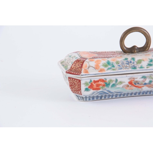 157 - A 19TH CENTURY JAPANESE IMARI PORCELAIN LIDDED BOX of rectangular form decorated with pheasants havi... 