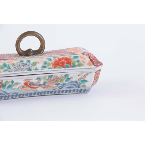 157 - A 19TH CENTURY JAPANESE IMARI PORCELAIN LIDDED BOX of rectangular form decorated with pheasants havi... 