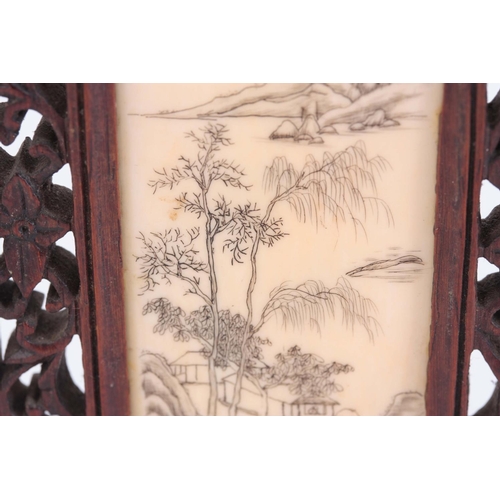 163 - LATE 19th CENTURY ORIENTAL TABLE SCREEN having a pierced rosewood frame enclosing an engraved ivory ... 