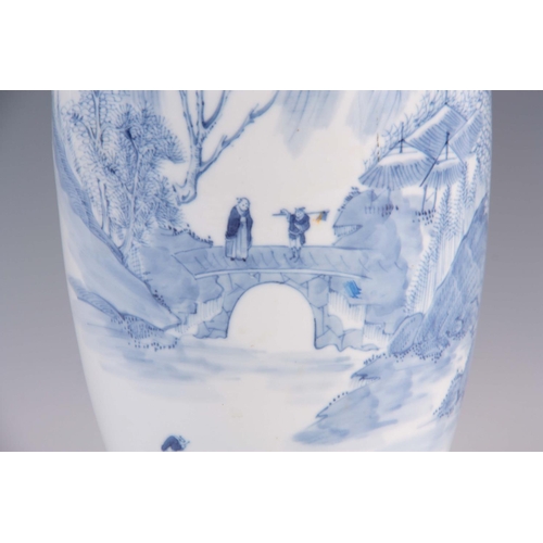 172 - A CHINESE PORCELAIN BLUE AND WHITE VASE with flared neck and bulbous body, decorated with landscape ... 