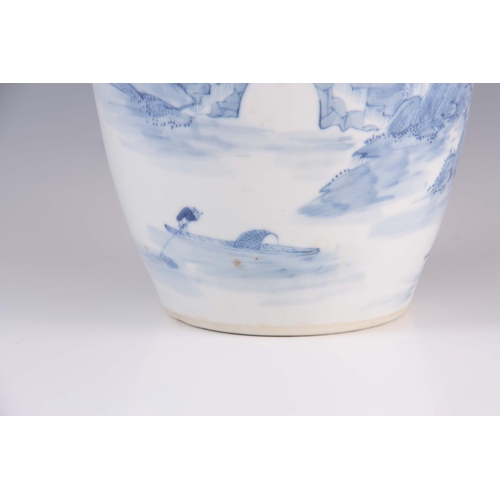 172 - A CHINESE PORCELAIN BLUE AND WHITE VASE with flared neck and bulbous body, decorated with landscape ... 