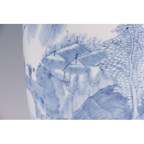 172 - A CHINESE PORCELAIN BLUE AND WHITE VASE with flared neck and bulbous body, decorated with landscape ... 