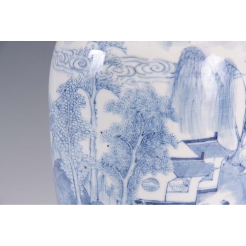 172 - A CHINESE PORCELAIN BLUE AND WHITE VASE with flared neck and bulbous body, decorated with landscape ... 