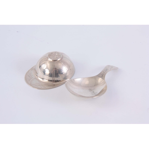 197 - TWO SILVER CADDY SPOONS, one formed as a jockeys cap, app. 19.5g