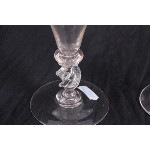 20 - TWO 18TH CENTURY DRINKING GLASSES one with a trumpet shape bowl having a twisted knop stem 18cn high... 