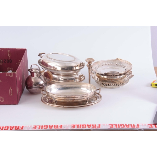 200 - A BOXED LOT OF SILVER PLATED WARE AND CUTLERY including 2 lidded tureens, a cake basket, and jersey ... 