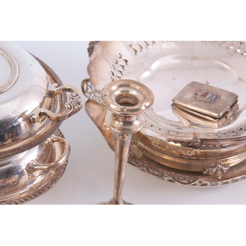 200 - A BOXED LOT OF SILVER PLATED WARE AND CUTLERY including 2 lidded tureens, a cake basket, and jersey ... 