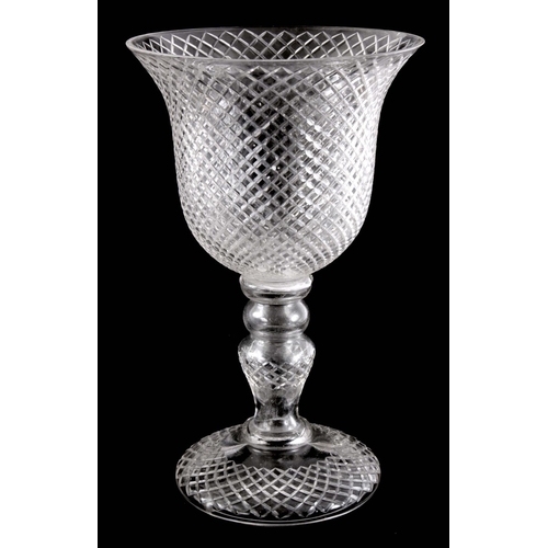 21 - A VERY LARGE VICTORIAN CAMPANIA SHAPED CUT GLASS CENTREPIECE/VASE 52cm high by 32cm wide.