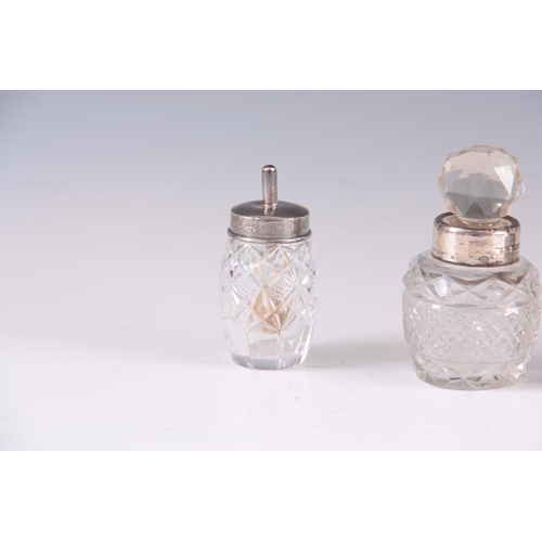 216 - A SELECTION OF 3 CUT GLASS AND SILVER BOTTLES and a silver scent bottle ( 4 )