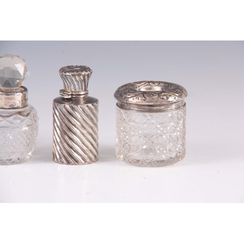 216 - A SELECTION OF 3 CUT GLASS AND SILVER BOTTLES and a silver scent bottle ( 4 )