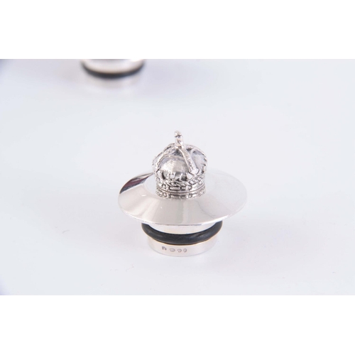 227 - PENHALIGONS SILVER CROWN BOTTLE STOPPERS, 3cm wide..