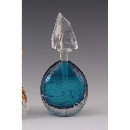 24 - A LATE 20TH CENTURY BLUE ART GLASS SCENT BOTTLE BY BOB CROOKS with cracked ice stopper 18cm high x 9... 