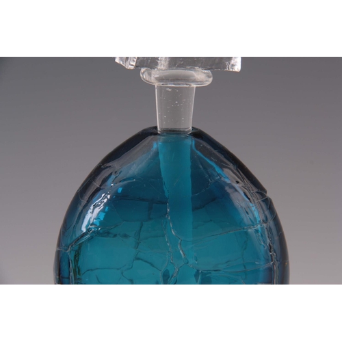 24 - A LATE 20TH CENTURY BLUE ART GLASS SCENT BOTTLE BY BOB CROOKS with cracked ice stopper 18cm high x 9... 