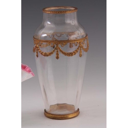 28 - A 19TH CENTURY PINK LINED OPALINE GLASS VASE standing on a shell moulded tripod base, 11cm high, 17c... 