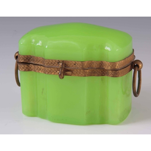 30 - A 19TH CENTURY FRENCH LIME GREEN GLASS JEWEL CASKET with gilt metal mounts and loop handles 9cm high... 