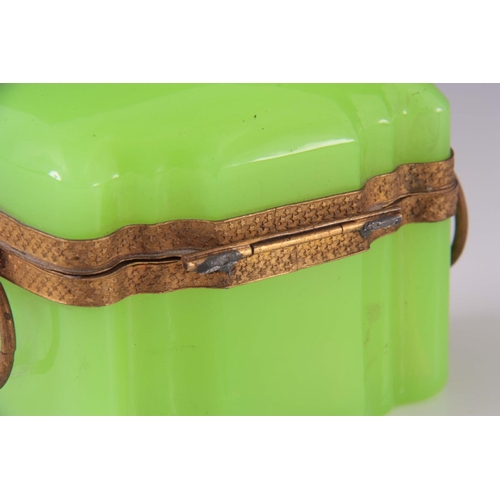 30 - A 19TH CENTURY FRENCH LIME GREEN GLASS JEWEL CASKET with gilt metal mounts and loop handles 9cm high... 