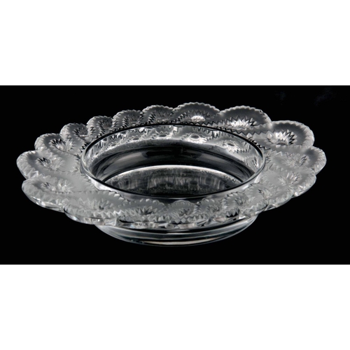 33 - LALIQUE FRANCE, A 20TH CENTURY GLASS OVAL SHAPED BOWL with entwined frosted rim - signed in capitals... 