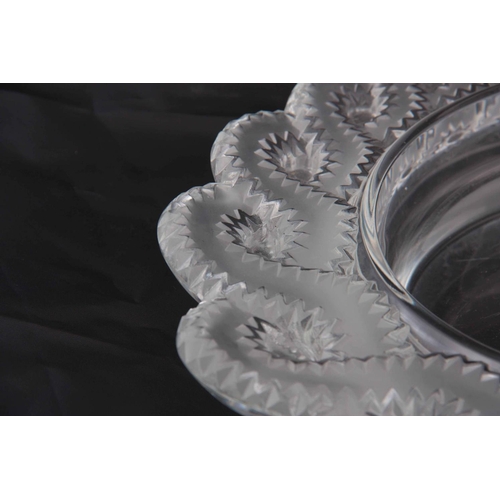 33 - LALIQUE FRANCE, A 20TH CENTURY GLASS OVAL SHAPED BOWL with entwined frosted rim - signed in capitals... 