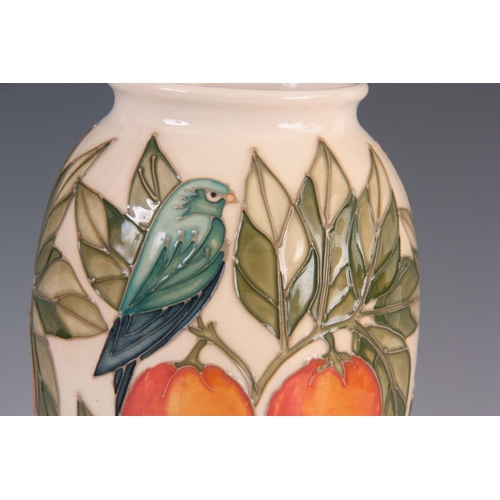 38 - A LATE 20TH CENTURY MOORCROFT POTTERY VASE decorated with oranges and birds on a cream ground, signe... 