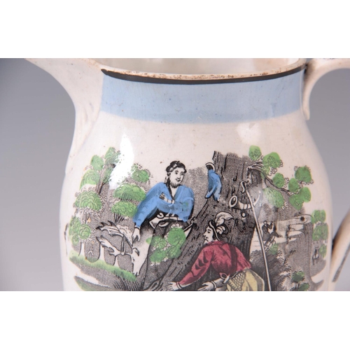 55 - A 19TH CENTURY PEARLWARE TRANSFER PRINTED JUG decorated with robin hood scene 13cm high, 16cm wide.