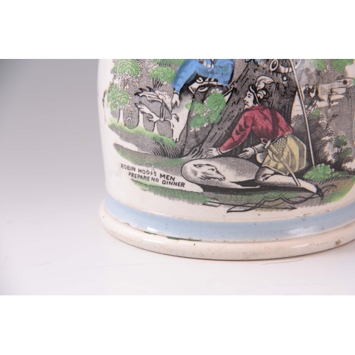 55 - A 19TH CENTURY PEARLWARE TRANSFER PRINTED JUG decorated with robin hood scene 13cm high, 16cm wide.