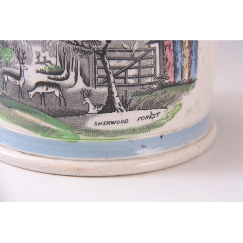 55 - A 19TH CENTURY PEARLWARE TRANSFER PRINTED JUG decorated with robin hood scene 13cm high, 16cm wide.