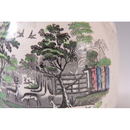 55 - A 19TH CENTURY PEARLWARE TRANSFER PRINTED JUG decorated with robin hood scene 13cm high, 16cm wide.