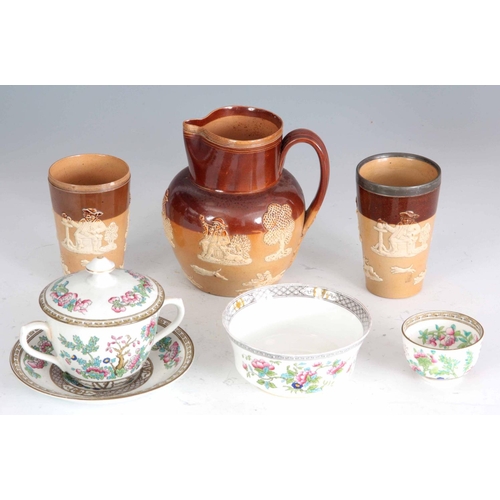 58 - A LATE 19TH CENTURY DOULTON LAMBETH TWO TONE BROWN GLAZED HARVEST JUG and TWO MATCHING BEAKERS each ... 