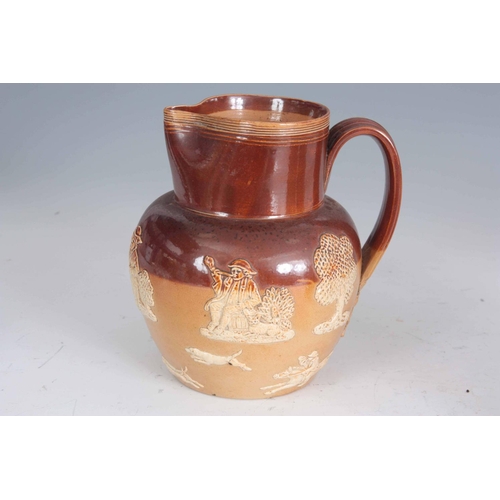 58 - A LATE 19TH CENTURY DOULTON LAMBETH TWO TONE BROWN GLAZED HARVEST JUG and TWO MATCHING BEAKERS each ... 