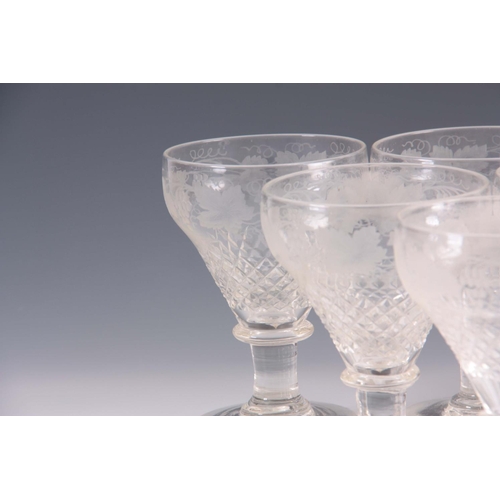 6 - A SET OF 6 19TH CENTURY LARGE WINE GLASSES the rounded cut tapering bowls engraved with bands of fru... 