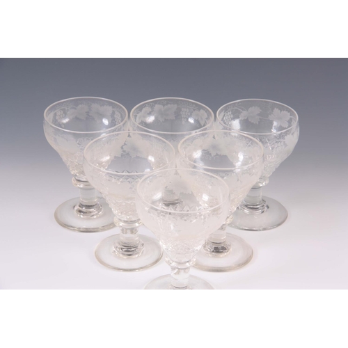 6 - A SET OF 6 19TH CENTURY LARGE WINE GLASSES the rounded cut tapering bowls engraved with bands of fru... 