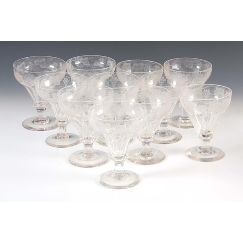 7 - A GOOD NEAR MATCHED SET OF ELEVEN 19TH CENTURY LARGE WINE GLASSES with fluted tapering rounded bowls... 