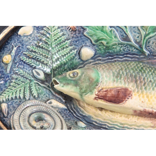 71 - A 19TH CENTURY FRENCH RENOLEAU PALISSY MAJOLICA OVAL FISH PLATTER with relief moulded trout having a... 