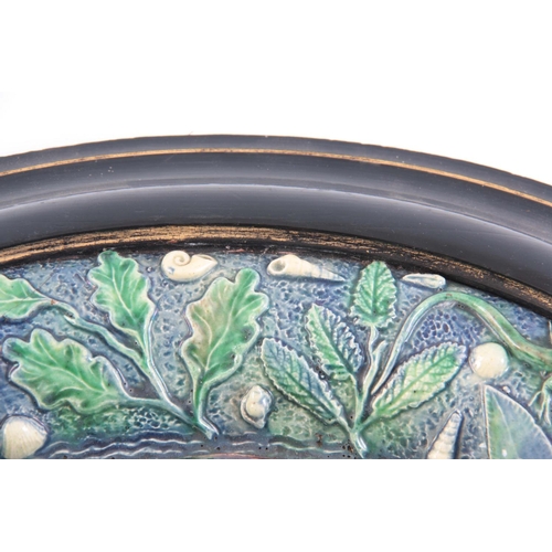 71 - A 19TH CENTURY FRENCH RENOLEAU PALISSY MAJOLICA OVAL FISH PLATTER with relief moulded trout having a... 