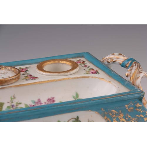 80 - A 19TH CENTURY SEVRES STYLE PORCELAIN DESK SET decorated with hand-painted flowers on a blue ground ... 