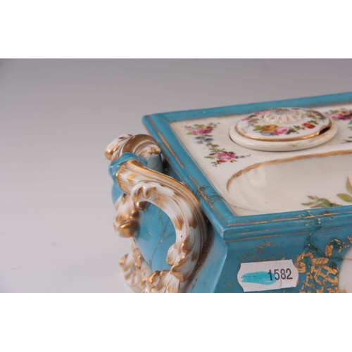 80 - A 19TH CENTURY SEVRES STYLE PORCELAIN DESK SET decorated with hand-painted flowers on a blue ground ... 