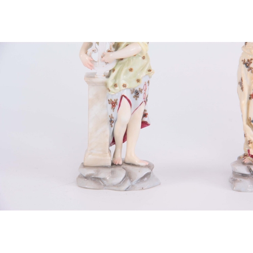 91 - A PAIR OF LATE 19TH CENTURY FURSTENBURG TYPE FIGURES of lady depicting the arts 16.5cm high by 6cm w... 