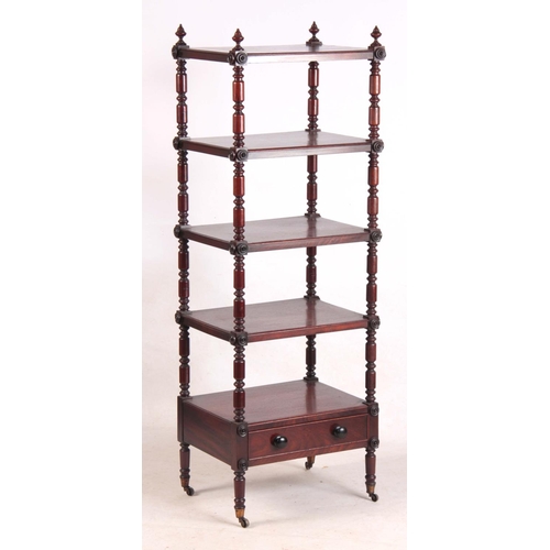 1126 - A WILLIAM IV MAHOGANY FIVE TIER WHATNOT with ring turned column supports, fitted bottom drawer and b... 