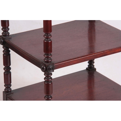 1126 - A WILLIAM IV MAHOGANY FIVE TIER WHATNOT with ring turned column supports, fitted bottom drawer and b... 