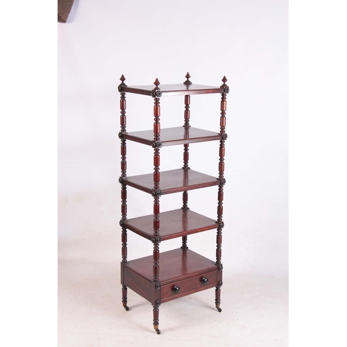 1126 - A WILLIAM IV MAHOGANY FIVE TIER WHATNOT with ring turned column supports, fitted bottom drawer and b... 