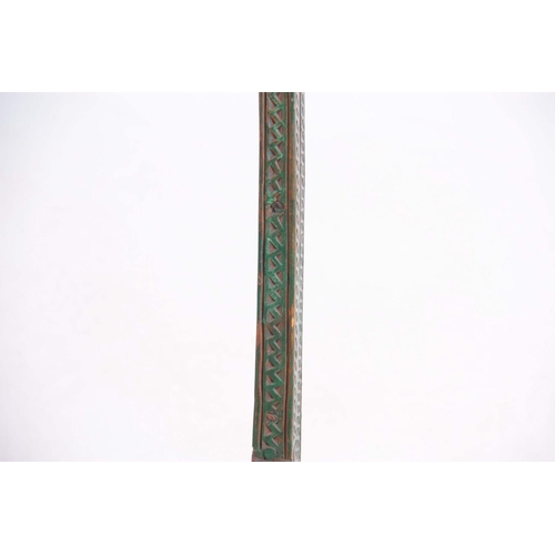 1127 - A PAINTED 19TH CENTURY KNITTING SHEATH having chip carved adjustable stem with pierced top and iron ... 