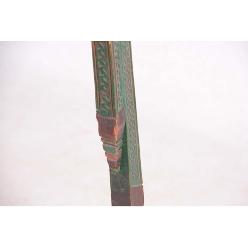 1127 - A PAINTED 19TH CENTURY KNITTING SHEATH having chip carved adjustable stem with pierced top and iron ... 