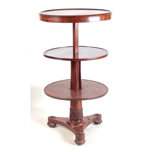 1128 - A WILLIAM IV MAHOGANY ADJUSTABLE DUMB WAITER with dished moulded top lifting to reveal two further s... 