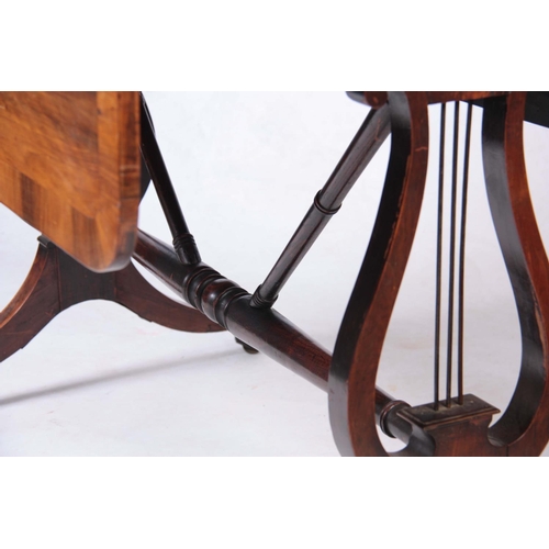 1132 - AN UNUSUAL REGENCY OLIVE WOOD SOFA TABLE the hinged top having a cross-banded edge and two end drawe... 