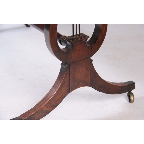 1132 - AN UNUSUAL REGENCY OLIVE WOOD SOFA TABLE the hinged top having a cross-banded edge and two end drawe... 