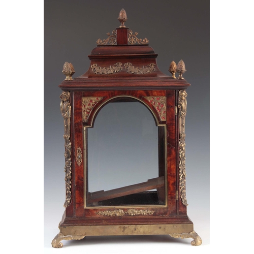 935 - A GEORGE III FIGURED MAHOGANY AND ORMOLU MOUNTED BELL TOP BRACKET CLOCK CASE having gilt brass pinea... 